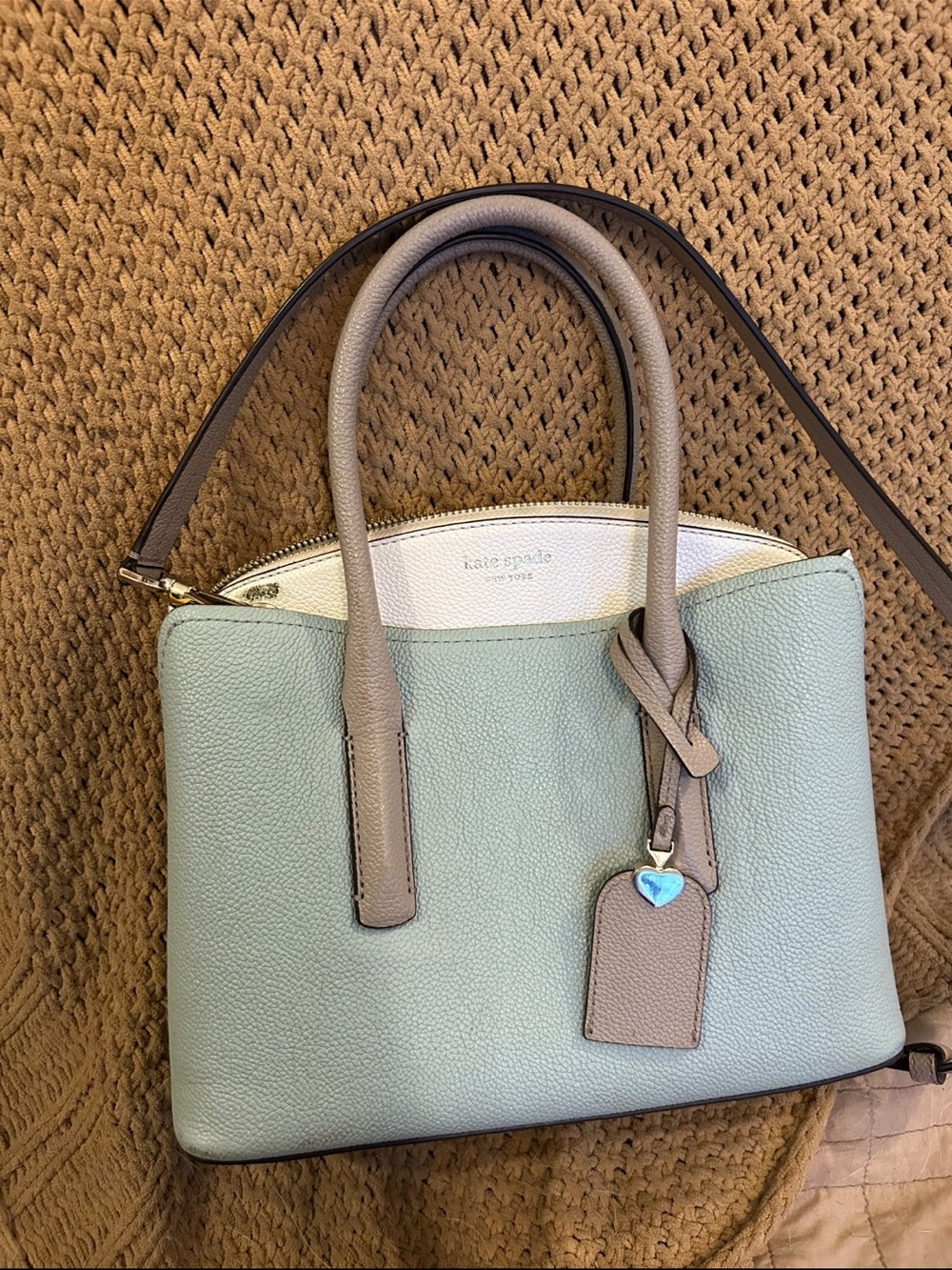 kate spade Mint Green and Taupe Leather Satchel with Ivory Accent